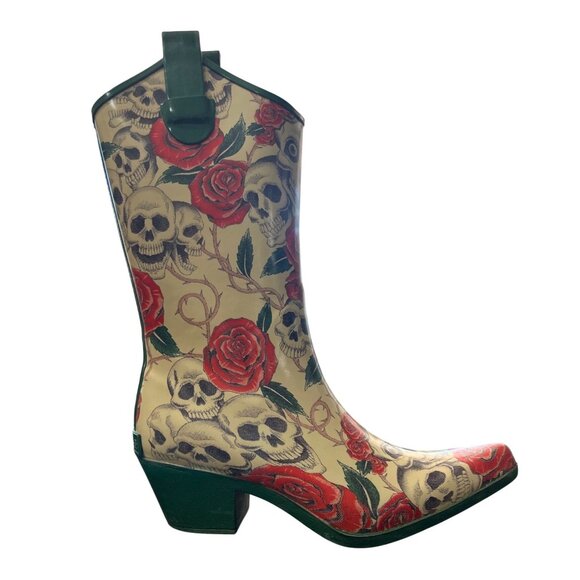 Corkys Womens Skull & Rose Print Cowboy Rain Boots Rubber Size EU 38 / US 8 - Picture 6 of 10